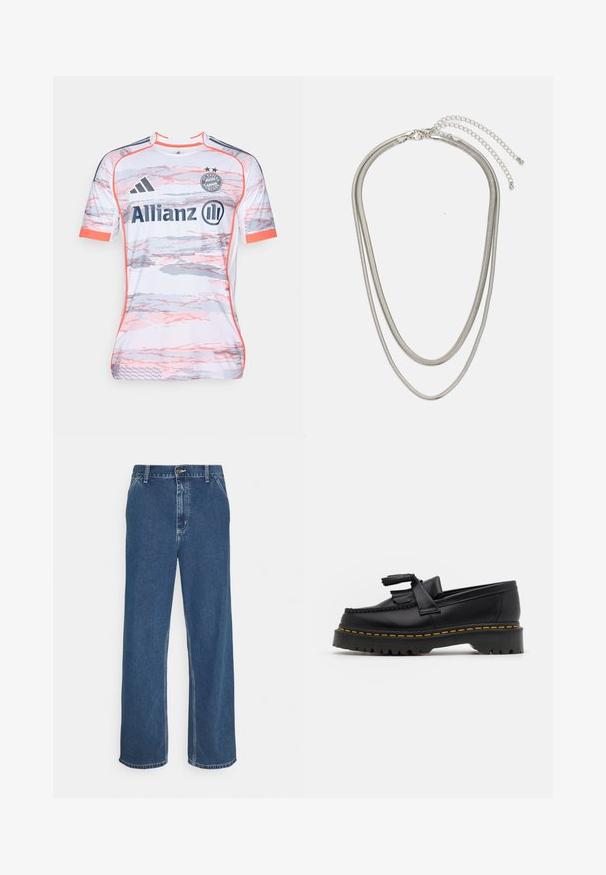 Valkoinen jalkapalloilusakko, jossa on vaaleanpunaisia ja harmaita abstrakteja kuvioita. Sakossa on lyhyet hihat, pyöreä kaula-aukko ja Adidas-logo. "Allianz"-brändäys on voimakkaasti esillä.; Siniset farkut suoran leikkauksen, viiden taskun muotoilun, metallinappikiinnityksen ja näkyvän ompelun saumoissa ja helmassa.; Musta nahkakengät, joissa on tupsuakkentti, paksu musta pohja ja keltainen ommel reunassa. Rakeinen pinta.; Kolmikerroksinen hopeametallinen kaulakoru, jossa on tyylikkäitä, joustavia ketjuja, joissa on hieno kiilto. Kaulakoru on kiinnitetty hummerilukolla ja siinä on säädettävä ketju.