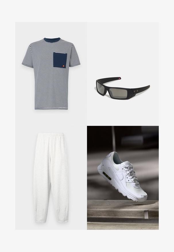 Ellesse HIRST TEE - Apdrukāts T-krekls - navy; Gaiši pelēkas sporta bikses, kas izgatavotas no mīkstas auduma, ar elastīgu jostasvietu, sašaurinātām kājām un potīšu aprocēm. Vienkāršs dizains bez rakstiem.; Baltas Nike Air Max 90 sporta apavi ar sietu un ādas augšdaļu, caurspīdīgu pirksta daļu un redzamu gaisa vienību papēdī.; Melni saulesbrilles ar matētu apdari, taisnstūra lēcām, nedaudz izliektiem tempļiem, smalkiem logotipa elementiem un dūmu nokrāsas lēcām.
