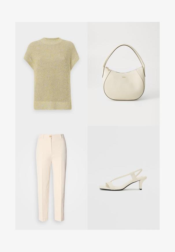 Top tricotat cu mânecă scurtă, de culoare galben deschis, cu nuanțe subtile de gri. Are un guler rotund cu nervuri și un material texturat, cu o croială lejeră.; Pantaloni crem, cu talie înaltă, dintr-un material texturat. Au închidere cu nasture în față și picioare conice.; Sandale bej cu toc bloc, cu bretele subțiri și vârf pătrat. Material neted cu detalii minime, concepute pentru a fi ușor de purtat.; Geantă de mână de culoare crem, cu un finisaj texturat, formă curbată, mânere scurte și detalii cu logo auriu. Închidere cu fermoar în partea de sus.