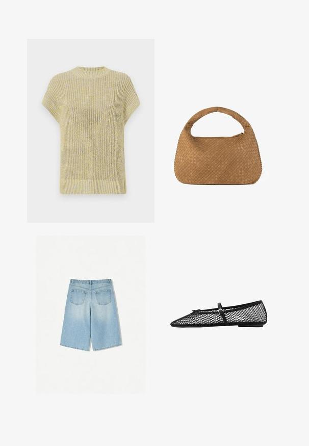Pletena kratkolenčka majica v svetlo rumeni barvi s subtilnimi sivimi piko. Ima rebrast okrogel izrez in teksturirano tkanino z ohlapnim krojem.; Svetlo modri denim kratki hlače s sproščenim krojem, ki vključujejo dva zadnja žepa in ravno obliko nogavic. Čist rob in mehak material.; Črne mrežaste balerinke s konično oblikovanim prstom, okrasno zanko in subtilnim poudarkom. Imajo odprt mrežni dizajn in ravno podplat.; Tkanšna svetlo rjava torbica z zaobljenim ročajem, izdelana iz mehkega usnja. Ima zadrgo in zapleten vzorec košarice.