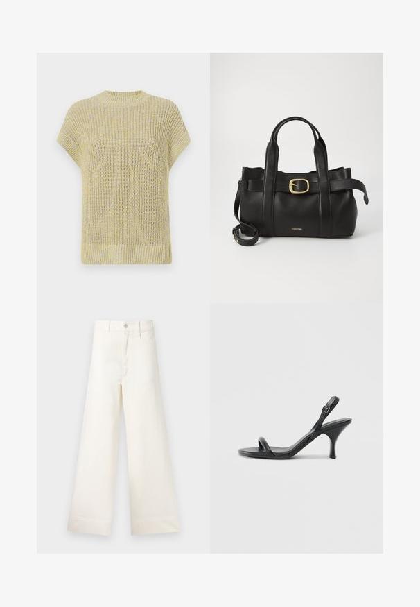 Pleteni top s kratkim rukavima u svijetlo žutoj boji s suptilnim sivim nijansama. Ima rebrasti okrugli izrez i teksturiranu tkaninu s opuštenim krojem.; Hlače širokih nogavica u svijetloj bež pamučnoj tkanini. Imaju visoki struk, prednje džepove i ravni kroj. Čista obruba bez uzoraka.; Crne kožne sandale na visoku petu s tankom, zakrivljenom petom i dizajnom prekriženih traka. Podesiva traka oko gležnja. Glatka tekstura.; Crna kožna torba s strukturiranim dizajnom, dvostrukim gornjim ručkama, zlatnim kopčom kao naglaskom i utisnutim logotipom marke sprijeda.