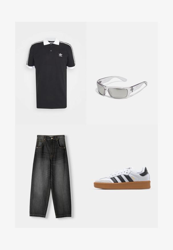 adidas Originals ADICOLOR CLASSICS 3-STRIPES - Poloshirts - black; Mørk denim vidde jeans med høj talje, fem lommer, kontrasterende guldstikninger og knaplukning. Flad front og lige ben.; Hvide sneakers med sorte striber, ruskinds tåhætte og gummisål. Har snørelukning og branding på tungen og siden.; Solsynede med en klar plastramme, grå linser, wrap-around design og logo-detalje på siden. Glat overflade med buede arme.