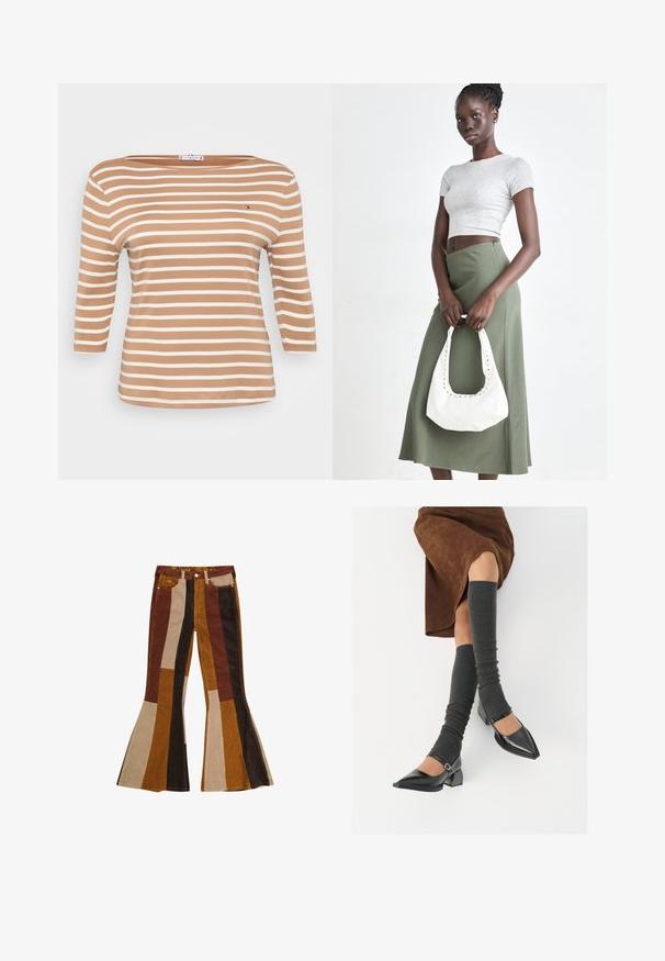 Striped long-sleeve top in light brown and white, featuring a boat neckline and soft cotton fabric. Includes a small logo on the chest.; Corduroy flared pants featuring vertical stripes in brown, tan, and mustard. Distinctive design with a high waist and five pockets.; Black patent leather pointed-toe shoes with a block heel and ankle strap, paired with gray ribbed leg warmers and a brown suede skirt.; Gray ribbed crop top and olive green high-waisted skirt. Model holds a white shoulder bag with cut-out detailing. Simple design, fitted silhouette.