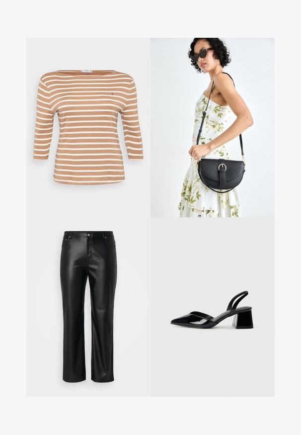 Stripet langermet topp i lys brun og hvit, med båtutringning og mykt bomullsstoff. Inkluderer en liten logo på brystet.; Svarte falske skinnbukser med rett snitt, med beltehemper, frontlommer, og glidelås med knappelukking. Glatt tekstur.; Svarte patentlær slingback hæler med spiss tå og geometrisk blokk hæl. Har et stilrent, minimalistisk design og jevn tekstur.; Svart lærveske med en buet form, avtagbar stropp og gullbeslag. Vesken har et klaff med spenne-detall.