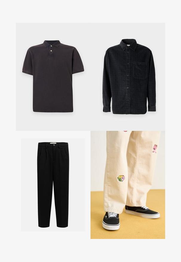 Svart polo-skjorte med klassisk krage, korte ermer og tre-knaps placket. Laget av myk bomullsstoff med en glatt tekstur.; Svart rutete langermet skjorte laget av mykt stoff, med knapplukking, krage og en brystlomme.; Sorte bukser laget av mykt stoff, med rett ben-design, frontfolder og knappelukking i midjen.; Beige bomullsbukser med lekne broderte design, inkludert en rosa karakter og fargede blokker, kombinert med svarte snørebåndssko.