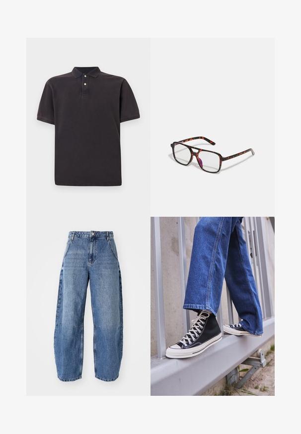 Schwarzes Polohemd mit klassischem Kragen, kurzen Ärmeln und einer Knopfleiste mit drei Knöpfen. Hergestellt aus weichem Baumwollstoff mit glatter Textur.; Hellblaue Jeans mit einem lockeren, weiten Schnitt, hoher Taille, fünf Taschen und sichtbaren Stichdetails.; Schwarze High-Top-Sneaker mit weißer Sohle und Schnürsenkeln, kombiniert mit lockeren blauen Jeans, die auf einem grauen Geländer ruhen.; Schildpattgemusterte Brille mit rechteckigen Gläsern, schwarzen und orangefarbenen Rahmen, mit einer glänzenden Oberfläche und schmalen Bügeln.
