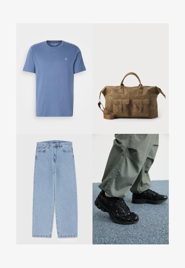 Zils kokvilnas t-krekls ar apaļu kaklu, īsām piedurknēm un nelielu baltu „MOP” logo uz krūtīm. Gluda tekstūra un regulāra piegriezums.; Gai zila džinsu bikses ar taisnu kāju dizainu, kas piedāvā vidēju vidukļa augstumu, piecas kabatas un pogas un rāvējslēdzēja aizdari.; Melni sporta apavi ar spīdīgu un sieta tekstūru, ar biezu zoli un auklām, kombinēti ar brīvām olīvzaļām kravas biksēm.; Brūns ādas ceļojumu soma ar diviem priekšējiem kabatām, regulējamu plecu siksnu, zelta detaļām un stingrām augšējām rokturiem. Gluda tekstūra.; Daudzslāņu kaklarota ar metāliskām sudraba ķēdēm un pērlēm baltās un brūnās krāsās, demonstrējot dažādas tekstūras un formas.