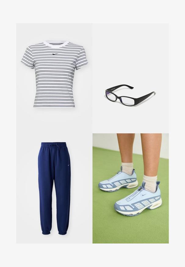 Balta ir tamsiai mėlyna dryžuota trumpomis rankovėmis marškinėliai su apvaliu iškirpimu ir mažu juodu Nike logotipu ant krūtinės. Medvilnės medžiaga.; Tamsiai mėlynos sportinės kelnės, pagamintos iš minkštos medžiagos, su elastingu juosmeniu ir raišteliu, elastinėmis rankovėmis ir mažuoju baltu logotipu.; Šviesiai mėlynos sportinės batuokai su baltais akcentais, tekstūruotais paneliais ir užtrauktuku. Yra matoma oro amortizavimo padas ir guminis padas.; Juodi stačiakampiai akinių rėmeliai su skaidriais lęšiais. Blizgus paviršius, siauri šonai ir purpurinis atspalvis, matomas lęšių pakraščiuose.
