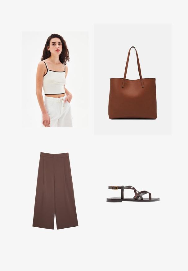 Weißes, kurz geschnittenes Tanktop mit eckigem Ausschnitt und dünnem schwarzen Saum. Das Modell kombiniert es mit weißen Hosen mit Kordelzug. Glatte Stofftextur.; Braune Weite-Leg-Hosen mit einer glatten Textur, hoher Taille und Vorderfalten. Der Stoff ist leicht und fällt locker.; Braune Leder-Sandale mit überkreuzten Riemen, einem Knöchelriemen mit Schnalle und einer flachen Sohle mit minimalen Nähdetails.; Braune Leder-Tote mit glatter Textur, offenem Oberteil und zwei Schulterriemen. Verfügt über minimale Nähte und keine sichtbaren Beschläge.