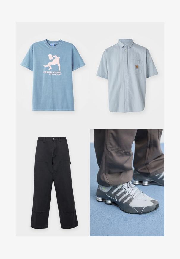 Tricou din bumbac de culoare albastru deschis, cu guler rotund, mâneci scurte și un grafic imprimat în roz care prezintă o persoană ținând o găleată.; Cămașă din bumbac cu mânecă scurtă, de culoare albastru deschis, cu un model texturat, un singur buzunar pe piept și un patch pătrat cu logo-ul Carhartt pe buzunar.; Pantaloni negri cu croială largă din material denim, cu buzunare frontale mari, croială dreaptă și cusături în contrast. Prezintă un sistem de închidere cu un buton metalic.; Tenisii Nike Shox gri și argintii au un design elegant, cu materiale din plasă și sintetice, vârf rotunjit și guler căptușit.