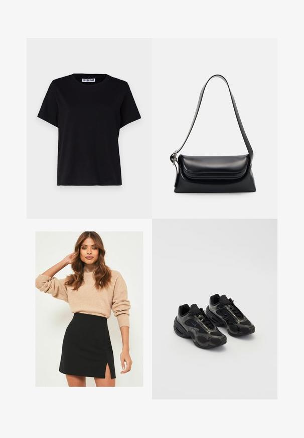 T-shirt nero a maniche corte realizzato in cotone. Presenta un collo a giro e una vestibilità comoda. L'etichetta riporta la scritta "WEEKDAY" sul colletto.; Maglione beige a maglia con polsini a coste abbinato a una mini gonna nera con uno spacco laterale. L'outfit presenta una silhouette rilassata ma aderente.; Scarpe sportive nere in materiale sintetico, con dettagli in mesh e suole arrotondate. Presentano un sistema di allacciatura e un logo Nike ben visibile sulla linguetta.; Borsa a tracolla nera in pelle con una forma strutturata, una texture liscia e una singola tracolla. Presenta un design a patta arrotondata e discreta.; Orologio Casio al quarzo argento con quadrante rettangolare, display analogico e digitale, bracciale in acciaio inossidabile e caratteristiche di resistenza all'acqua.