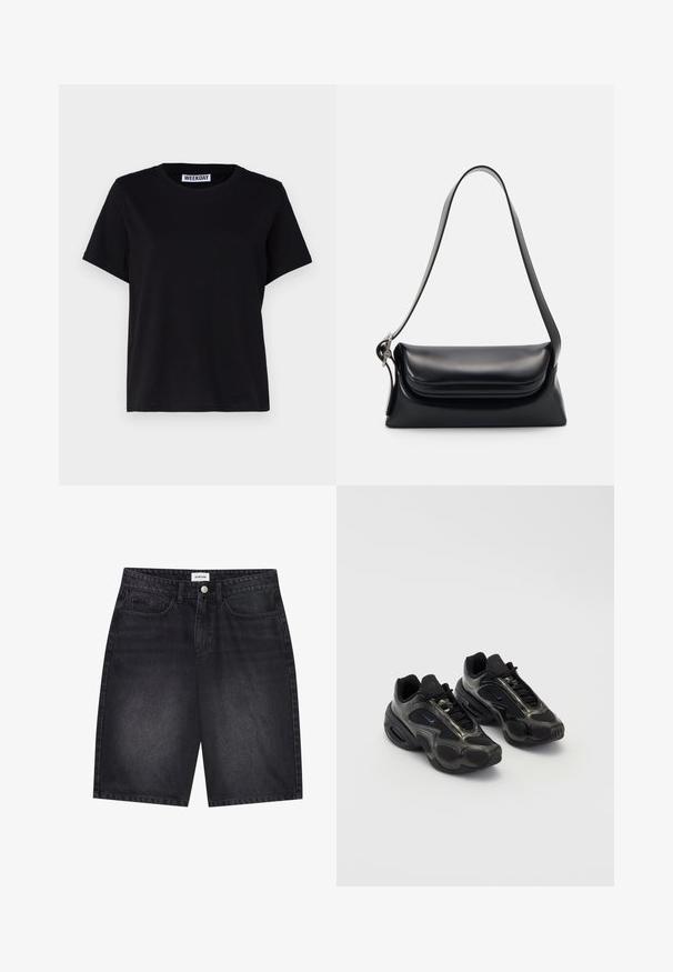 Schwarzes T-Shirt mit kurzen Ärmeln aus Baumwolle. Verfügt über einen Rundhalsausschnitt und einen lockeren Schnitt. Das Etikett trägt die Aufschrift „WEEKDAY“ am Kragen.; Schwarze Denim-Shorts mit klassischem Design. Verfügt über fünf Taschen, einen vorderen Knopfverschluss und eine Steppnaht. Glatte Textur und gerader Schnitt.; Schwarze Sportschuhe aus synthetischem Material mit Mesh-Akzenten und abgerundeten Sohlen. Verfügt über ein Schnürsystem und ein prominentes Nike-Logo auf der Zunge.; Schwarze Lederhandtasche mit strukturiertem Design, glatter Textur und einem einzelnen Schulterriemen. Verfügt über ein dezentes, abgerundetes Klappendesign.; Silberne Casio Quarzuhr mit rechteckigem Ziffernblatt, analogem und digitalem Display, Edelstahlarmband und wasserdichten Eigenschaften.