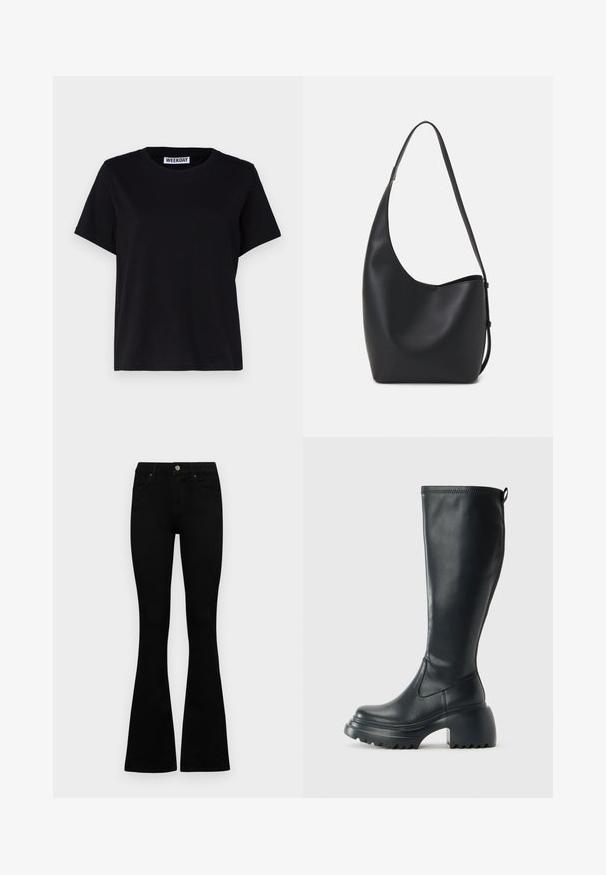 T-shirt preto de manga curta feito de algodão. Apresenta um decote redondo e um corte relaxado. A etiqueta diz "WEEKDAY" no colarinho.; Jeans pretos de cintura alta com fecho de botão e zíper, bolsos frontais e pernas largas dispostos em cima de um fundo branco.; Bota preta de couro alta com sola de plataforma robusta e salto bloco, apresentando puxador e padrão texturizado na sola.; Saco hobo preto em pele com uma textura lisa, forma curva e uma única alça ajustável; apresenta uma abertura larga na parte de cima.