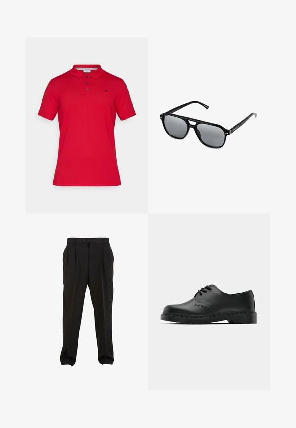 Camisa polo de algodón roja con cuello, tapeta de tres botones, mangas cortas y un pequeño logo bordado en el lado izquierdo del pecho.; Pantalones negros de tejido suave, con pliegues frontales, cinturilla con botón y puños en los tobillos ajustados. Silueta clásica y ajustada.; Zapato oxford de cuero negro con diseño de cordones, punta redonda, suela de goma plana y un sutil detalle de costura en la parte superior.; Gafas de sol negras con montura rectangular, lentes ahumados grises y diseño con corte en el puente. Material plástico brillante y elegante, con varillas estrechas.