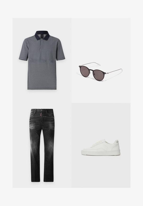 Lühikese varrukaga polo särk tumesiniseks geomeetrilise mustriga, millel on ühtlane tumesinine krae ja nööpide rida. Kude näib sujuv ja kerge.; Mustad denim püksid otse lõikega. Omavad kulunud piirkondi, väikseid kahjustusi, klassikalist viit taskut ning nööpkinnitust.; Valge nahast tennis, millel on sile põhi, ümar varvas, lamedad nöörid ja tekstuuriline tall. Sisaldab diskreetset logo kontsaribal.; Mustad mustad prillid tumedate läätsedega ja õhukeste metallist käepidemetega. Kaarja kujuga seljaosa ja hõbedased aktsendid hingel. Minimalistlik disain.