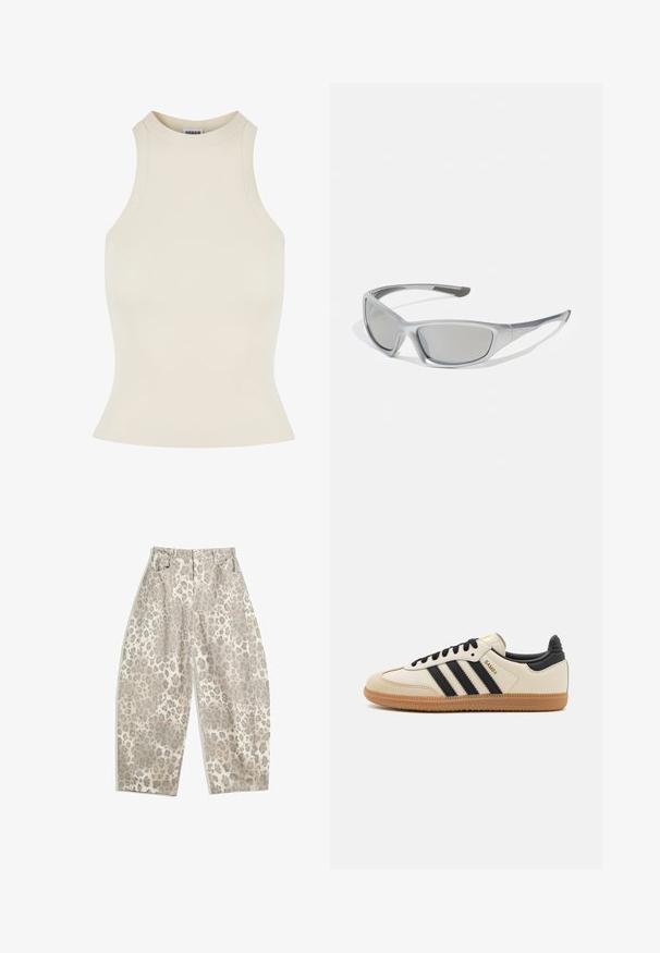 Ribbed sleeveless top in light beige with a high neck and fitted shape, made from a soft, stretchy material for comfort.; Leopardi kuosia olevat housut vaaleassa beigen värissä, joissa on korkea vyötärö, leveät lahkeet ja kaksi etutaskua. Valmistettu sileästä kankaasta.; Beige urheilukenkä mustilla raidoilla, kumipohjalla ja mustilla yksityiskohdilla. Ominaisuuksiin kuuluu sileä nahkainen päällinen ja pyöristetty kärjen muoto.; Harmaat aurinkolasit, joissa on tyylikäs, kevyt muovikehys. Varustettu tummennetuilla harmailla linsseillä ja teksturoituilla sivuosilla lisäpidon takaamiseksi.; Musta ja hopea adidas käsilaukku, jossa on sileä pinta, kiiltävä niittikuosi ja erottuva kaareva muotoilu.