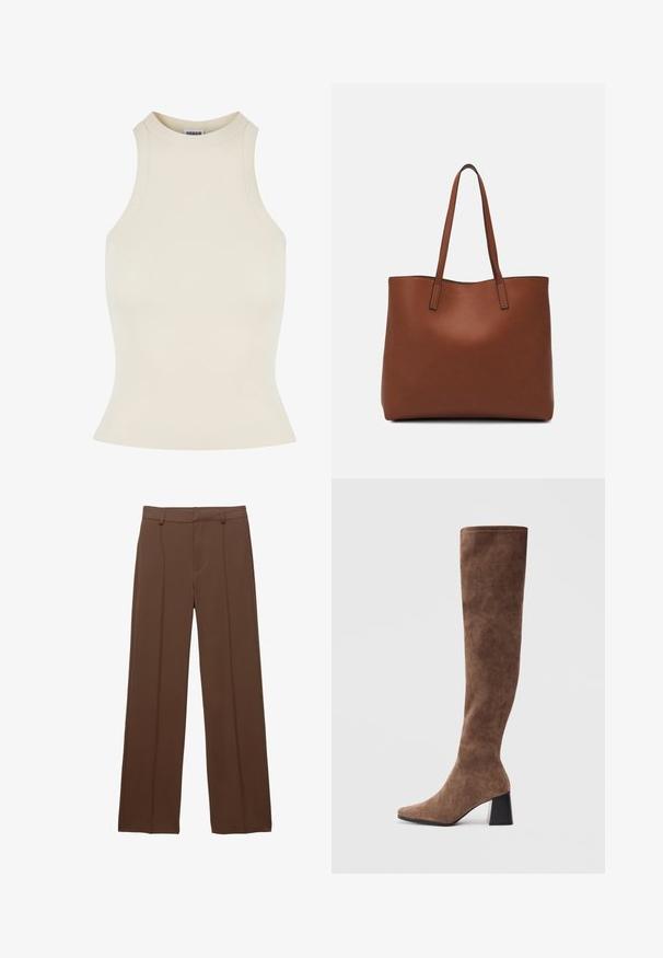 Top senza maniche a costine di un leggero beige con colletto alto e silhouette aderente, realizzato in un materiale morbido ed elastico per garantire comfort.; Pantaloni marroni a gamba larga realizzati in tessuto liscio; presentano pieghe frontali foderate e una vita piatta con passanti per cintura.; Stivali marroni sopra il ginocchio in morbido camoscio, con punta affusolata e tacco grosso nero. Il design presenta cuciture senza soluzione di continuità per un aspetto elegante.; Borsa tote in pelle marrone con texture liscia, design con apertura superiore e due spallacci. Presenta cuciture minime e nessun hardware visibile.
