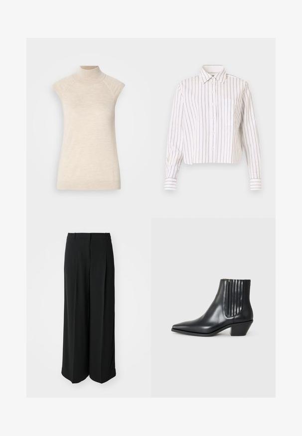 Beżowy top bez rękawów z wysokim kołnierzem, wykonany z miękkiej, teksturowanej tkaniny. Posiada raglanowe rękawy i dopasowany krój. Idealny do warstwowych stylizacji.; Koszula w paski w kolorze białym z cienkimi brązowymi paskami. Posiada wywinięty kołnierz, długie rękawy i kieszeń na piersi. Skrócona długość.; Czarne szerokie spodnie z gładkiego materiału, z wysokim stanem i plisami z przodu, zapewniającymi dopasowany krój.; Czarne skórzane botki za kostkę z wysmuklonym noskiem, elastycznymi bocznymi panelami z pionowymi rowkami oraz niskim blokowym obcasem. Gładka tekstura i elegancki design.