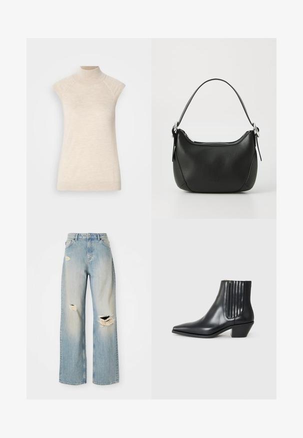 Bež kõrge kaelusega ilma varrukateta topp, mis on valmistatud pehmest tekstuuriga kangast. Omab raglaanvarrukaid ja sobivat siluetti. Sobib kihiliste riietuste jaoks.; Heledad sinine sirge jala teksad, kõrge vöökohaga, vööaasadega ning kulumisega rebendid vasakul reiel, paremal põlvel ja vasaku jala alumises osas.; Must kõva nahast ankle boot terava varbaga, elastsete külgpanelide ja vertikaalsete soontega ning madala ploki kontsaga. Sile tekstuur ja stiilne disain.; Must mustast nahkaga kott, millel on kaarjas kuju, hõbedane tõmblukk ja lühike käepide. Ees on peen logo ning kott on sileda tekstuuriga.