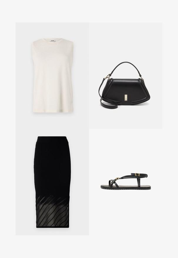 Hihaton paita vaaleassa beige-kankaassa, jossa on pyöreä kaula-aukko ja rento istuvuus. Sileä pinta ilman koristeluita tai kuvioita.; Musta hame, jossa on ribbikuviointi ja läpinäkyvä alaosa, jossa on vaakaraitoja. Suunnittelu on istuva ja ulottuu puoliväliin pohkeita.; Mustat nahkasaappaat, joissa on ohuet hihnat ja soljellinen nilkkahihna. Tasainen pohja tekstuurilla ja sahalaitareunalla. Minimalistinen muotoilu.; Mustalla nahkalaukulla, jossa on jämäkkä muotoilu, lyhyt malli, yläkahva ja kultaiset yksityiskohdat. Säädettävä olkahihna sisältyy.