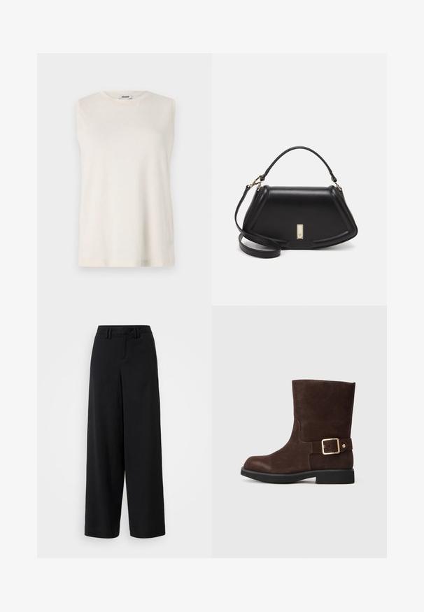 Sleeveless top in light beige fabric, featuring a round neckline and a relaxed fit. Smooth texture with no embellishments or patterns.; Black wide-leg trousers made of smooth fabric, featuring a flat-front design, pleated details, and belt loops at the waistband.; Brown suede ankle boot with a rounded toe, flat black sole, and gold buckle accent on the side. Smooth texture and simple design.; Black leather handbag with a structured design, featuring a cropped shape, top handle, and gold hardware accent. Adjustable shoulder strap included.