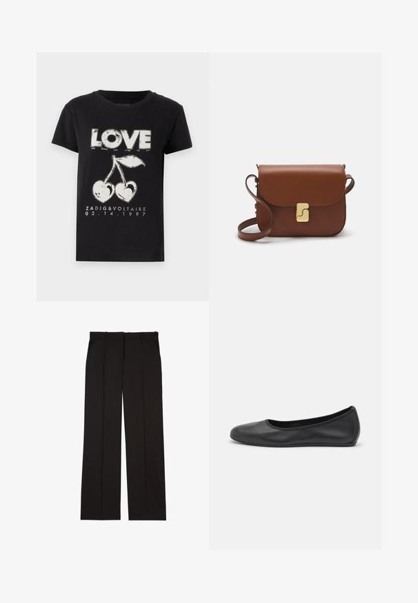 Juodas medvilninis marškinėliai su balta grafika, kurioje pavaizduotas žodis "MEILĖ" ir dvi vyšnios širdies pavidalu, taip pat prekės ženklo tekstas ir data.; Juodos pritaikytos kelnės, pagamintos iš lygaus audinio, su tiesiomis kojomis ir dviem šoniniais kišenėmis. Elegantiška ir minimalistinė konstrukcija.; Juodai odiniai baletai su apvaliu pirštu, lygi texture, minimalus siuvimo detales ir lanksčiu padų dizainu.; Ruda odinė rankinė su uždaromu dangteliu, aukso spalvos detalėmis, petneša ir lygiu paviršiumi. Kompaktiška stačiakampio formos.