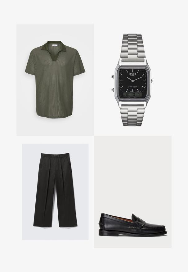 Olivgrünes Polohemd mit kurzen Ärmeln, gerippter Textur, V-Ausschnitt und kontrastierendem Kragen-Design. Leichter Stoff mit lässiger Passform.; Schwarze weit geschnittene Hose mit glatter Textur, ausgestattet mit zwei frontalen Taschen und einem leicht erhöhten Bund.; Schwarze Lederloafer mit abgerundetem Zeh, gesteppten Details und einem dekorativen Riemen an der Vorderseite. Flache Sohle mit minimalem Profil.; Silberner Edelstahl-Quartz-Uhr mit schwarzem rechteckigem Zifferblatt, ausgestattet mit analogen Zeigern, digitaler Anzeige und Wasserdichtigkeitslabel.