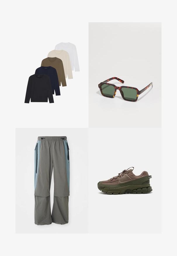Pet dugih rukava u gradijentu boja: tamnoplava, plava, maslinasta, bež i bijela. Svaka majica ima okrugli izrez i glatku teksturu.; Sive hlače za van s širokim nogavicama, koje imaju tamnoplave bočne panele i džepove sa zipovima. Napravljene su od laganog, prozračnog materijala.; Smeđi i zeleni tenisice s teksturiranim materijalom, debelim gumenim potplatom, istaknutim sustavom vezivanja i uzorkovanim detaljima sa strane.; Suncane naočale u obliku kvadrata s uzorkom kornjače, sa zelenim staklima i kontrastnim narančastim akcentima duž ivica ručica.; Crna kožna torba za crossbody s cilindričnim oblikom, zatvaranjem na patentni zatvarač i podesivim remenom. Glatka tekstura s minimalističkim dizajnom.