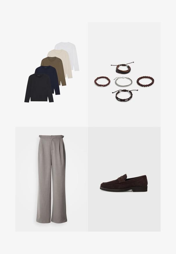 Five long-sleeve shirts in a gradient of colors: dark navy, navy, olive green, beige, and white. Each has a round neck and a smooth texture.; Light grey wide-leg trousers made of woven fabric. Features pleats at the waist and belt loops. Smooth texture and full length design.; Brown suede loafers with a low profile and rounded toe. Features a decorative strap across the upper, flat rubber sole, and no visible stitching.; Set of five bracelets featuring brown leather, wooden beads, and a silver chain; varying textures and shapes, with adjustable closures.