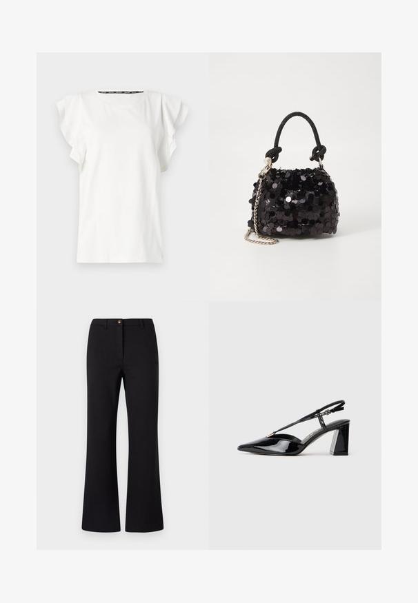 Hvit bomull t-skjorte med flagrende ermer og rund halslinning. Subtil branding på forsiden, glatt tekstur og ledig passform.; Svarte vide bukser laget av et glatt stoff, med frontknapplukking, beltehemper og et rent, skreddersydd design.; Sorte lakkormede slingback høye hæler med spiss tå, justerbar stropp og kraftig rektangulær hæl.; Svart paljettmini-veske med en knyttet teksturert stropp og sølvkjede. Rund form med samlet topp og reflekterende detaljer.