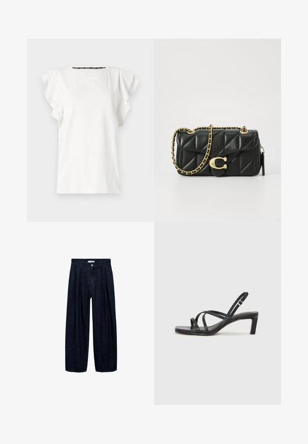T-shirt bianco in cotone con maniche a sbuffo e scollatura rotonda. Branding sottile sul davanti, texture liscia e vestibilità casual.; Pantaloni wide-leg in denim scuro con pieghe in vita, dotati di un bottone frontale e passanti per cintura. Texture liscia e design a lunghezza completa.; Sandalo nero con cinturini, dalla punta squadrata e tacco basso a blocco. Presenta diversi cinturini sottili e una cinturini regolabile alla caviglia. Realizzato in pelle liscia.; Borsa a tracolla in pelle nera trapuntata con una catena dorata e un fermaglio a scatto con un accento circolare. Forma rettangolare compatta.