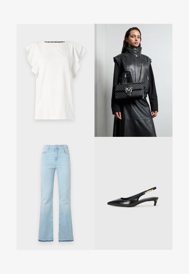 Valge puuvillane T-särk, millel on lehvitate varrukad ja ümmargune kaelus. Ees on peen bränding, sile tekstuur ja mugav lõige.; Heledad helesinised teksad, mis on valmistatud denimist, kõrge vöökohaga, esikottidega ning toore äärtega sääreosas, et luua lõdvestunud välimus.; Mustad nahast slingback kontsad terava ninaga, millel on õhuke konts ja kuldse tooni aktsent reguleeritaval rihmal. Sile tekstuur.; Must must vest kõrge krae, lukuga taskud ja must vooderdatud käekott hõbedase riistvaraga, kantud koos pika musta seelikuga.