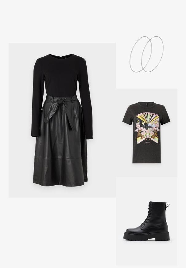 Čierne bavlnené tričko s farebnou grafikou tigrov, kvetov a geometrických tvarov. Text "VDAČNÝ" je výrazne zobrazený.; Čierny top s dlhými rukávmi skombinovaný s čiernou sukňou z umelej kože, ktorá má opasok na zaväzovanie a hladkú, lesklú textúru.; Čierne kožené členkové topánky s okrúhlou špičkou, šnurovaním vpredu a hrubou gumovou podrážkou s textúrovaným vzorom. Sťahovací pútko na zadnej strane.; Strieborná metalická taška s mäkkým, zaobleným tvarom a uzáverom s uzlíkom. Vyrobená z hladkej syntetickej kože.; Strieborné kruhové náušnice s minimalistickým dizajnom. Cirkulárny tvar, hladký povrch a tenký profil. Ľahké s lesklým povrchom.