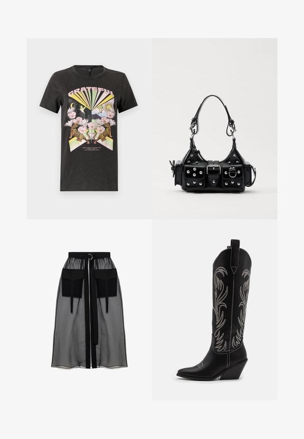 Černé bavlněné tričko s barevným grafickým designem s tygři, květinami a geometrickými tvary. Text "VDĚČNÝ" je výrazně zobrazen.; Černá průhledná sukně s nařaseným pasem, která má dvě velké přední kapsy, páskový uzávěr a kulatý kovový akcent.; Černé kožené kovbojské boty s špičatými špičkami, podpatky ve tvaru klínu a stříbrně vyšívanými květinovými vzory po celé délce. Kontrastní prošívání po celém obvodu.; Černá kožená kabelka s křivkovým designem, zdobená stříbrnými hřebíky, s přezkou a dvěma bočními kapsami. Nastavitelný popruh pro různé možnosti nošení.