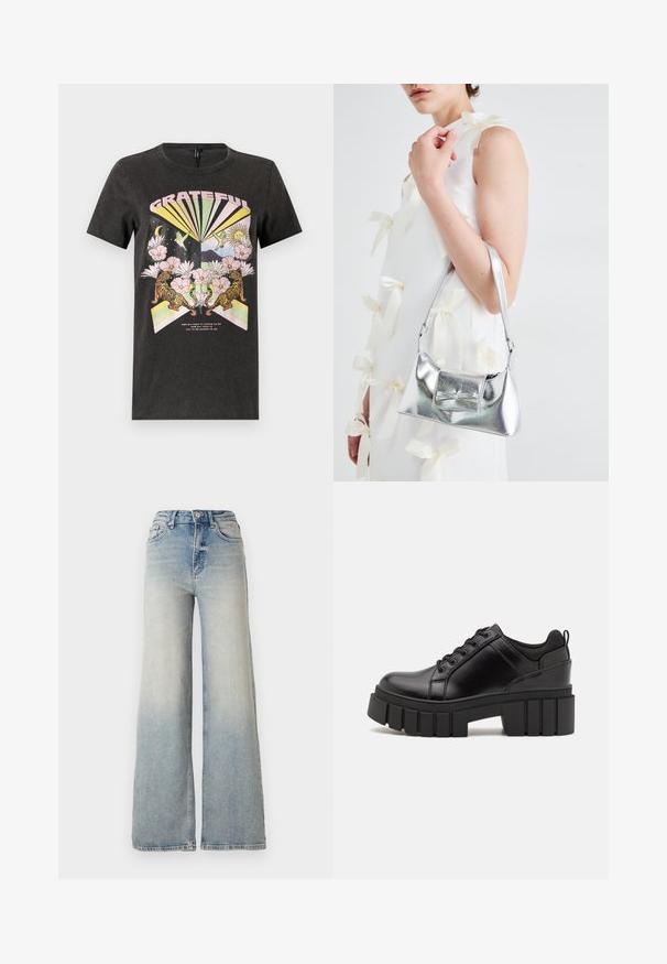 Black cotton t-shirt featuring a colorful graphic with tigers, flowers, and geometric shapes. The text "GRATEFUL" is prominently displayed.; Light blue wide-leg jeans made of denim, featuring a high waist, five pockets, and visible stitching along the seams.; Black leather platform shoes with a chunky block heel, round toe, and traditional lace-up design. Features smooth texture and minimal detailing.; Silver metallic handbag with a structured shape, featuring a top handle and bow detail on the front. Smooth texture, reflective finish.