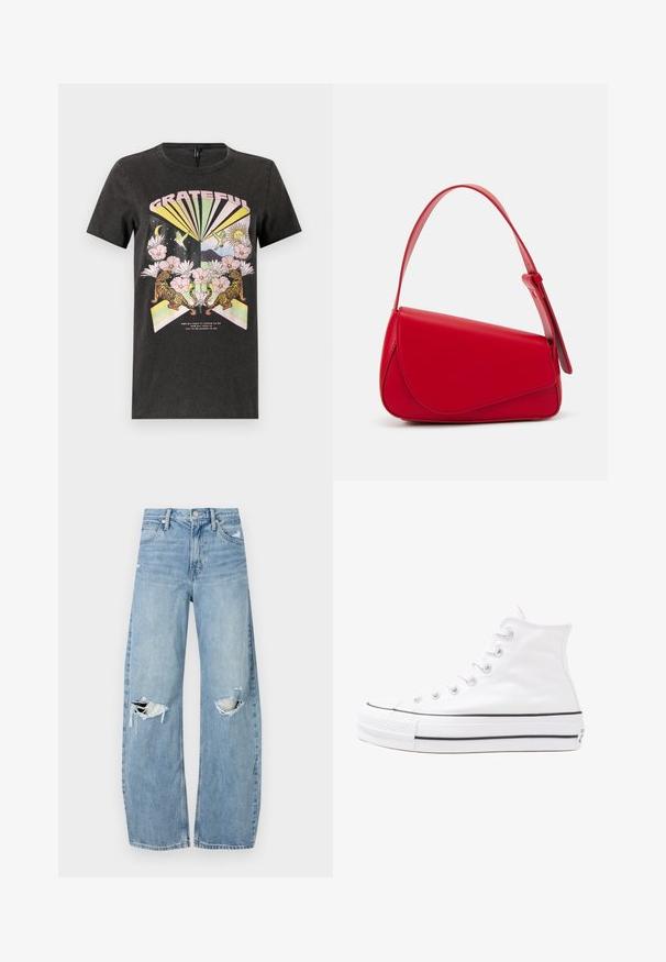 Black cotton t-shirt featuring a colorful graphic with tigers, flowers, and geometric shapes. The text "GRATEFUL" is prominently displayed.; Light blue, high-waisted jeans made of denim. Feature wide legs, two torn knee areas, and classic five-pocket styling.; White high-top canvas sneaker with black rubber sole, front rubber toe cap, and six eyelets for laces, featuring a clean, minimalist design.; Red leather handbag with an angular, geometric design. Features a single adjustable strap and a flap closure with stitched detailing.