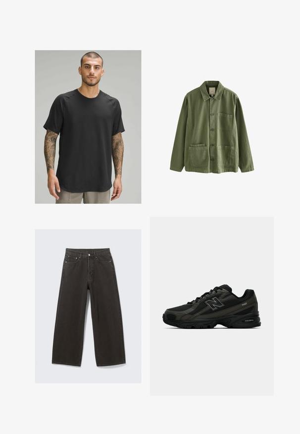Černé krátké sportovní tričko s kulatým výstřihem, texturovanou látkou a raglánovými rukávy, které má na sobě model s tetováním.; Olivově zelená bunda vyrobená z bavlny s knoflíkovým zapínáním, špičatým límcem a čtyřmi kapsami. Má volný střih a měkkou texturu.; Džíny s širokými nohavicemi černé barvy mají vysoký pas, design s pěti kapsami a zapínání na knoflíky. Tkanina má jemný a strukturovaný povrch.; Černé sportovní boty se strukturovaným syntetickým svrškem, které mají polstrovanou podrážku a výrazné logo "N" na boku. Design zahrnuje lehké síťované sekce.