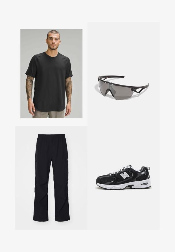 Black short-sleeve athletic t-shirt with a round neck, textured fabric, and raglan sleeves, worn by a model with tattoos.; Black cargo pants made of lightweight material, featuring an elastic waistband, side pockets, and a straight leg design.; Black and gray athletic shoes with mesh and suede upper, featuring a white midsole, laces, and a bold "N" logo on the side.; Sport sunglasses with a black frame, gray lens, aerodynamic design, and angular shape; features accentuated temples and nose bridge.