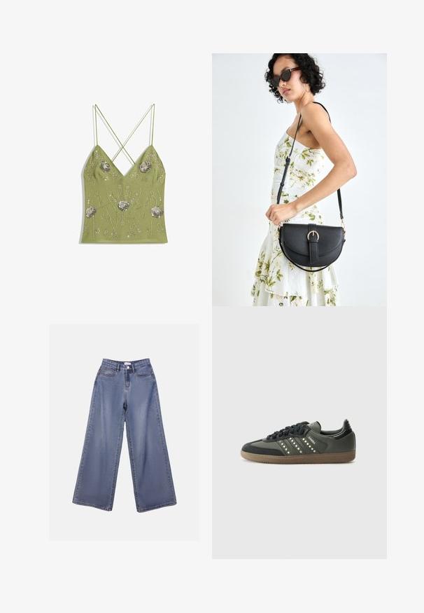 Olijf groene cami-top met een V-hals, verstelbare kruisbanden op de rug, versierd met zilveren bloemenborduurwerk en parel details.; Lichte blauwe wijdlopende denim jeans met een hoge taille, voorzakken en een knoopsluiting met riemlussen.; adidas Originals SAMBA OG - Sneakers laag - core black/legend earth/gum; Zwarte leren handtas met een gebogen vorm, afneembare schouderband en gouden hardware. De tas heeft een klep met een gespsluiting.