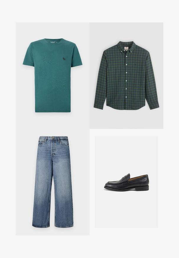Sapkás, kerek nyakú, rövid ujjú póló türkiz gyapotból. Kicsi fekete logóval a mellkasán és sima, puha tapintású.; Hosszú ujjú gombos ing zöld, kék és sárga kockás mintával, fehér gombokkal és gombos gallérral.; Széles lábú kék farmernadrág, elhalványodott mosással, öt zsebbel és gombos zárással. Övhurkokkal és steppelt részletekkel ellátva.; Fekete bőr loaferek sima felülettel, lekerekített orral és díszítő varrással a lábfejen. Alacsony, réteges sarkú és enyhe fényű.