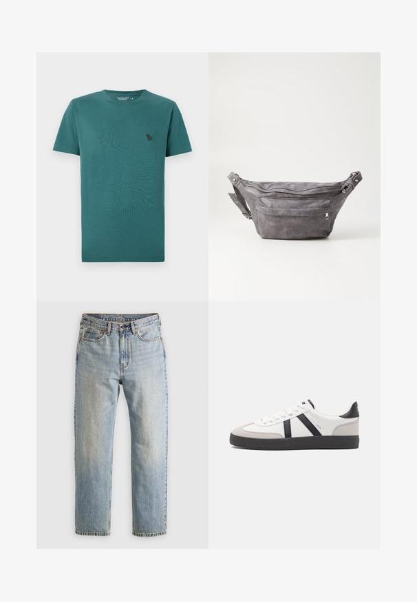 T-shirt med kort ärm och rundad hals i teal-färgad bomull. Har en liten svart logotyp på bröstet och en slät, mjuk känsla.; Ljusblå denimjeans med hög midja, framknäppning, dragkedja och femficksdesign, placerade platt på en neutral bakgrund.; Vit sneaker med svarta och grå accenter, med en strukturerad grå tådel, svart gummisul, och platta vita skosnören. Ren design, minimalistisk stil.; Grå mockafjällsryggsäck med rundad form, två fickor med dragkedja och justerbart bälte. Har metallackenter som detaljer.