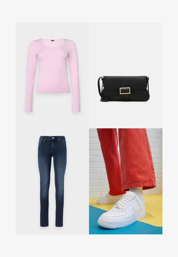 Gina Tricot SOFT TOUCH  - Hosszú ujjú felső - pink lady; Sötétkék, skinny farmernadrág, klasszikus öt zsebes dizájnnal, gombos záródással és enyhe kopással a combokon.; Fehér bőr edzőcipő perforált orral, texturált talppal és fehér fűzővel, széles vörös nadrággal párosítva, kék és sárga háttérrel.; Fekete bőr kézitáska hajtóka részlettel és aranyszínű fém csattal. Tartalmaz egy fekete pántot és egy letisztult, minimális dizájnt.; Ezüst karika fülbevalók csavart kialakítással, fényes felülettel és fülbevaló tűzáras zárással. Átmérőjük körülbelül 3 cm.