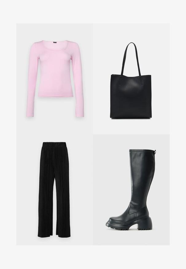 Gina Tricot SOFT TOUCH - Topper langermet - pink lady; Sorte plisserte bukser med elastisk midje. Har vide ben og et glatt, strukturert stoff med vertikale striper.; Høy svart lærstøvel med chunky plattformsåle og blokkhelt, med trekkstang og teksturert mønster på yttersålen.; Svart lær tote bag med glatt tekstur, rektangulær form og to lange håndtak. Ingen synlige deler eller dekorasjoner.