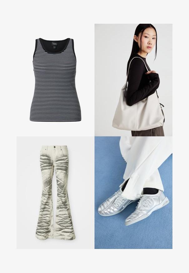 Zwart-wit gestreepte tanktop met brede schouderbanden, ribbelstructuur en een ronde halslijn. Het patroon bestaat uit afwisselend dunne en dikke strepen.; Lichtgekleurde flare jeans met gestructureerde zwarte horizontale strepen en kreukdetails, met voorzakken en een metalen knoopsluiting.; Zilveren sportschoenen met een gladde, glanzende afwerking, voorzien van een gestikt ontwerp en het nummer 90 aan de zijkant, gecombineerd met witte broek.; Beige handtas gemaakt van zacht materiaal, met een slonzig ontwerp, gestikte details en twee schouderbanden. Geschikt voor dagelijks gebruik.
