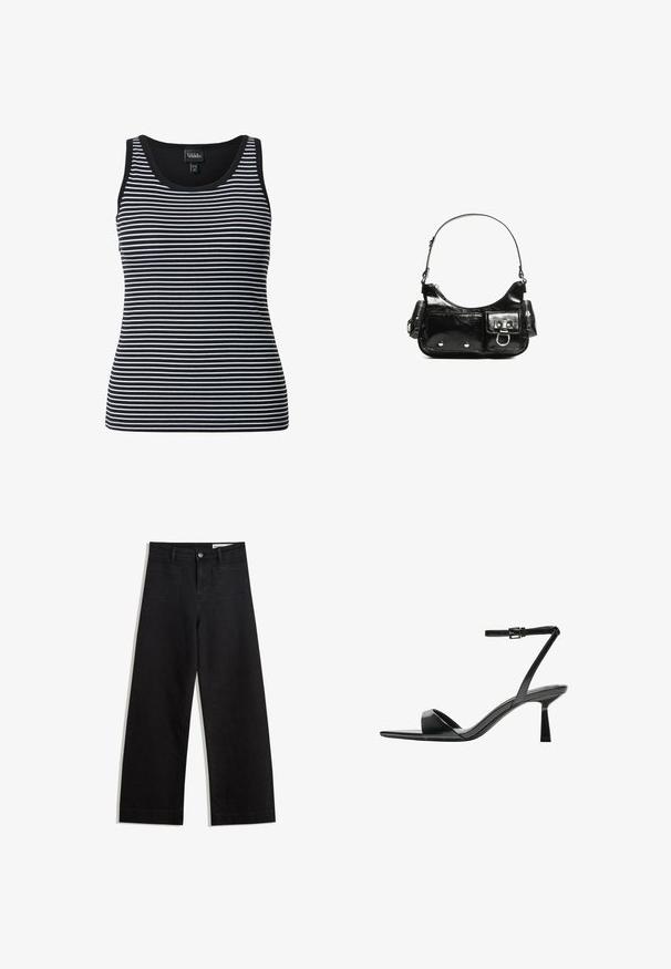 Czarny i biały top na ramiączkach w paski, z szerokimi ramiączkami, prążkowaną fakturą i okrągłym dekoltem. Wzór składa się z przemiennych cienkich i grubszych pasków.; Czarne dżinsowe spodnie o szerokich nogawkach i wysokim stanie, z przednimi i tylnymi kieszeniami, przeszyciami oraz zapięciem na guziki. Gładka struktura.; Bershka - Sandały na obcasie; Czarna torebka z lakierowanej skóry o zaokrąglonym kształcie, z jednym paskiem na ramię, przednimi kieszeniami i akcentami w kolorze srebrnym.