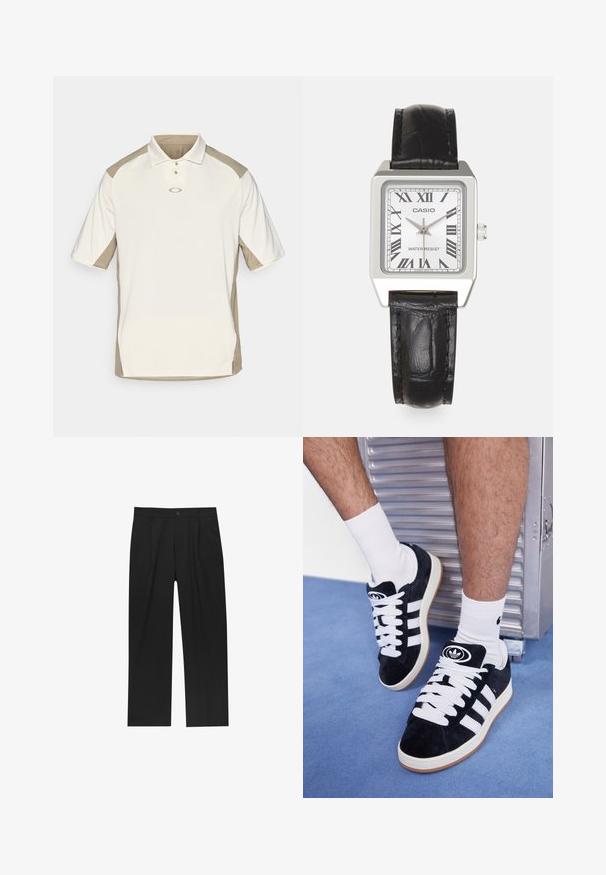 Polo shirt in licht beige en crème, met korte mouwen, een drieknoopsluiting en contrasterende schouderpanelen, gemaakt van gladde stof.; Zwarte broeken met een recht model, gemaakt van een gladde stof. Voorzien van een voorplooien en een enkele knoopsluiting bij de taille.; Zwarte suède sneakers met witte veters en drie witte strepen. Heeft een cirkelvormig zwart logo op de tong en een gumrubberen zool.; Zilveren vierkante horloge met een witte wijzerplaat, zwarte Romeinse cijfers en de tekst "WATER RESIST". Zwarte leren band met een gestructureerde afwerking.