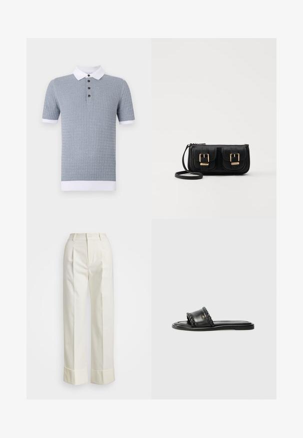 Heleda sinine lühikeste varukatega polo särk tekstuuriga mustriga, valge krae ja kolme pruuniga nööbiga. Üksik valge mansett varruka otstes.; Valged kohandatud püksid, millel on kõrge talje, topeltesine voldid ja laiad sääred volditud äärtega. Valmistatud siledast, tekstureeritud kangast.; Mustmust nagu nahast sandaalid, millel on kootud rihm, lame tall, ja Nub kerge disain. Sile tekstuur ja minimalistlik profiil.; Must küllastamata nahast õlakott, millel on kaks esist nähtavat taskut, kuldsed pandlad, tõmblukuga sulgemine ja peen rihm. Tekstuuriga pind ja kompaktne ristkülikukujuline kuju.