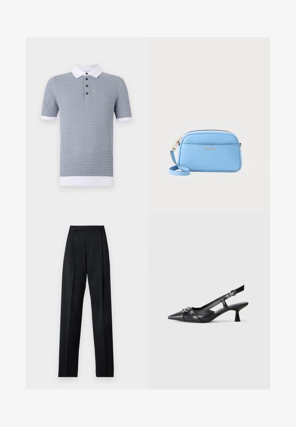 Heleda sinine lühikeste varukatega polo särk tekstuuriga mustriga, valge krae ja kolme pruuniga nööbiga. Üksik valge mansett varruka otstes.; Mustad püksid siledast kangast, millel on kõrge vöökoht, laiad jalad, esimesed kortsud ja klassikalised vööloopid. Küljepockets pole nähtavad.; Must must have must toote tõmblukuga, dekoratiivsed rihmad metallist silmadega ja madal blokk-kand. Tekstureeritud pind.; Hele sinine nahast ristiõlakott kuldse viimistlusega, tõmblukk, ja eesmine tasku. Omab reguleeritavat rihma mugavuse tagamiseks.
