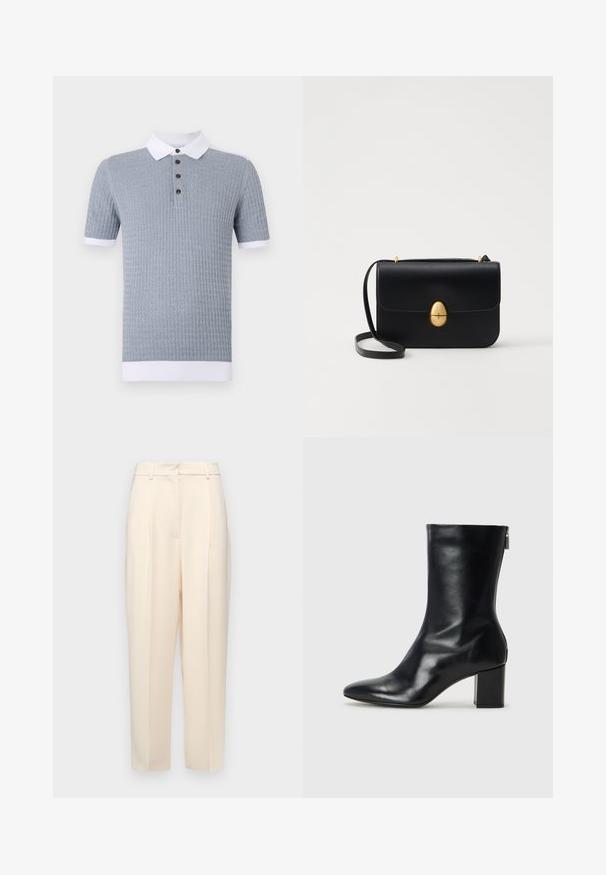Heleda sinine lühikeste varukatega polo särk tekstuuriga mustriga, valge krae ja kolme pruuniga nööbiga. Üksik valge mansett varruka otstes.; Beežid kohandatud püksid otse lõikega, ees volditud, siledast tekstuurist ja keskmise kõrgusega vöökoht. Nähtavaid taskuid ei ole.; Must musta ankle boot teravaid varvastega ja 4 cm plokknõela. Suurepärase disainiga, millel on külgrihm lihtsaks läbi panemiseks. Sile tekstuur.; Must kase nahast käekott, millel on struktureeritud ristkülikukujuline kuju. Omab kuldset ovaalset lukku ja õhukest õlavarre rihma. Sile tekstuur.