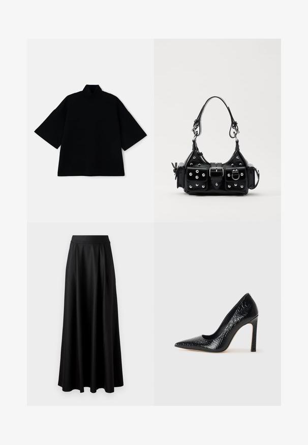 Black loose-fitting top with short wide sleeves and a mock neck design. The fabric appears soft with a smooth texture.; Black, floor-length skirt with a smooth texture, wide waistband, and pleated design, featuring no visible patterns or embellishments.; Black pointed-toe high heel shoe with a crocodile-skin texture, featuring a sleek design, high stiletto heel, and smooth black interior.; Black leather handbag with a curved design, featuring silver studs, a buckle, and two side pockets. Adjustable strap for carrying options.